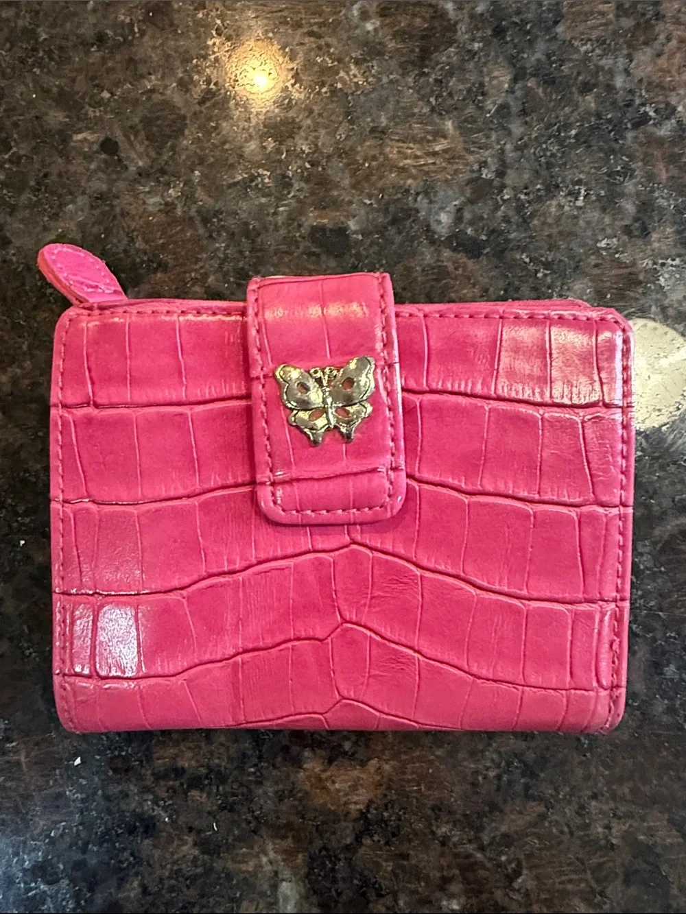 Vintage Pink Croc-Textured Butterfly Snap Wallet - Women